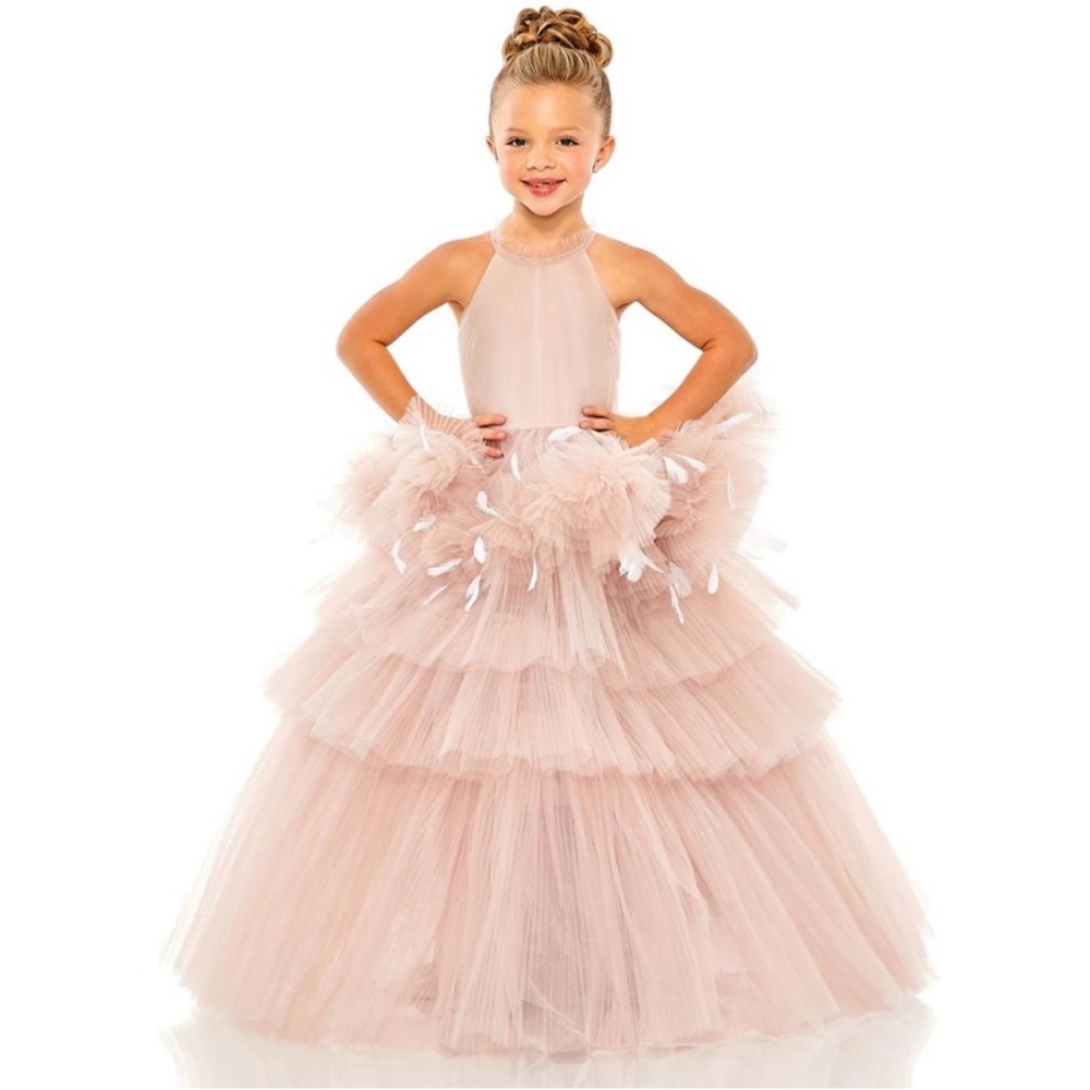 Mac Duggal Girls 20588 High Neck Tulle Dress With Feather Detail Size 12 Rose